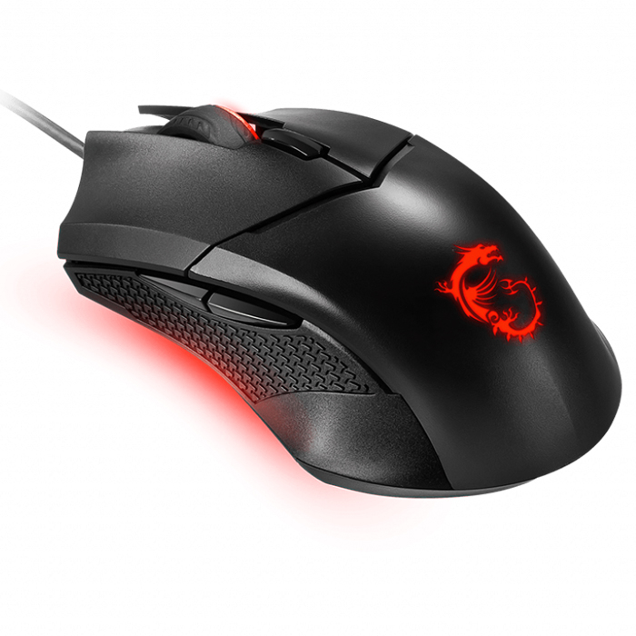 Un mouse da gioco ergonomico nero con illuminazione a LED rossa, impugnature laterali e logo del drago.