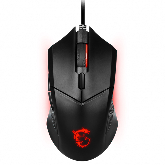 Un mouse da gioco cablato nero presenta un logo del drago MSI rosso luminoso e una sottile luce rossa.