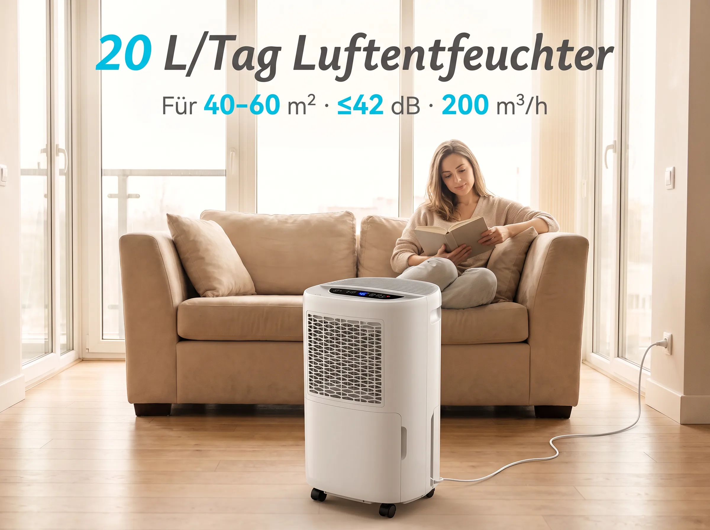 Ein weißer Luftentfeuchter steht im Vordergrund auf einem Holzboden in einem hellen Wohnzimmer mit einer lesenden Frau.