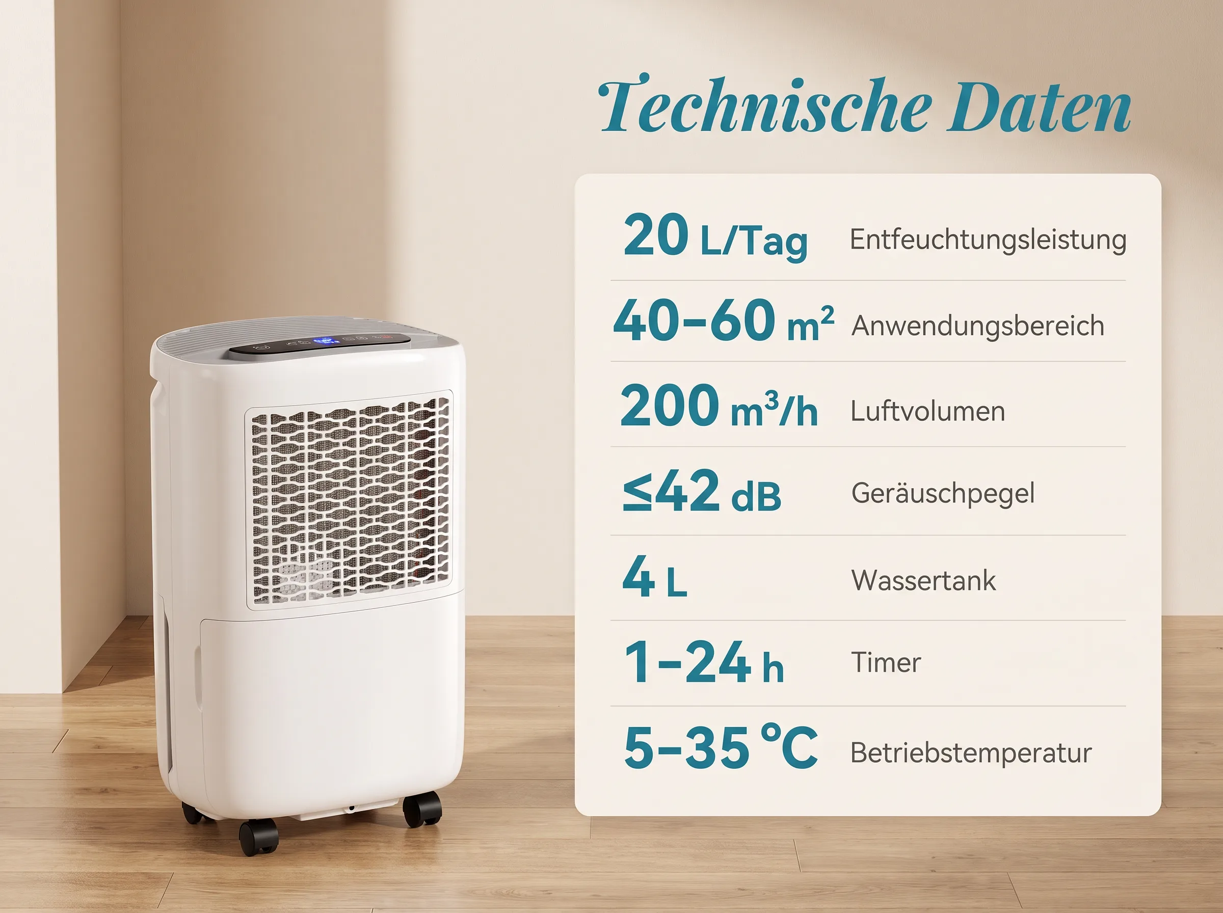 Weißer Luftentfeuchter auf Rädern neben einer technischen Datentabelle auf beigem Hintergrund.