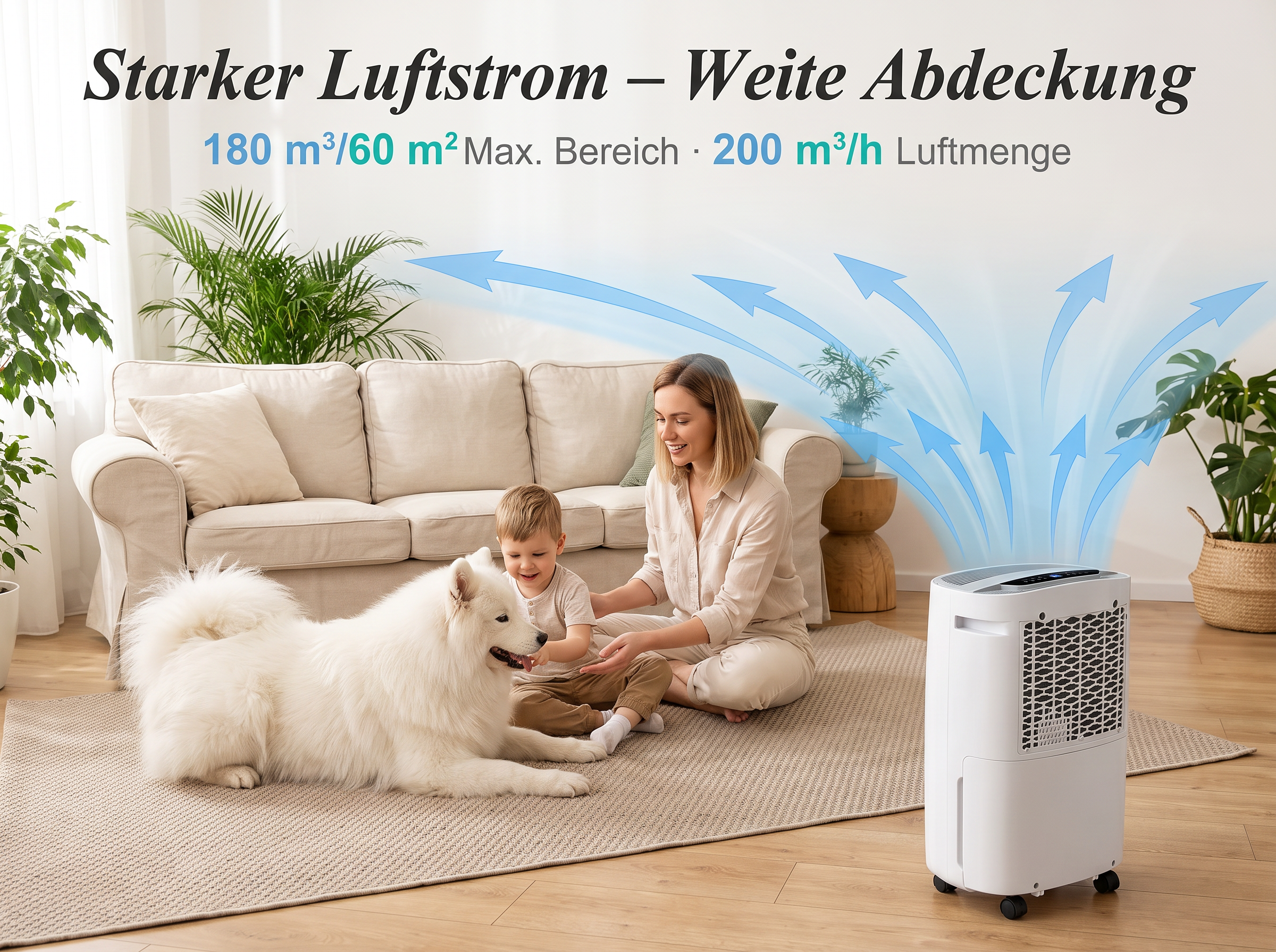 Eine Frau und ein Junge sitzen mit einem weißen Hund auf einem Teppich neben einem Luftentfeuchter.