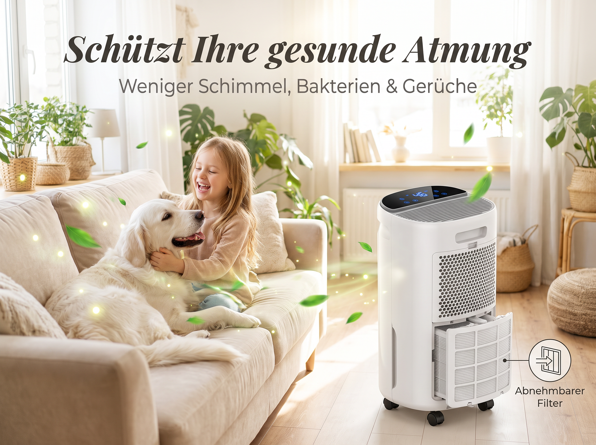Ein Mädchen sitzt mit Hund auf dem Sofa, daneben steht ein weißer Luftentfeuchter.