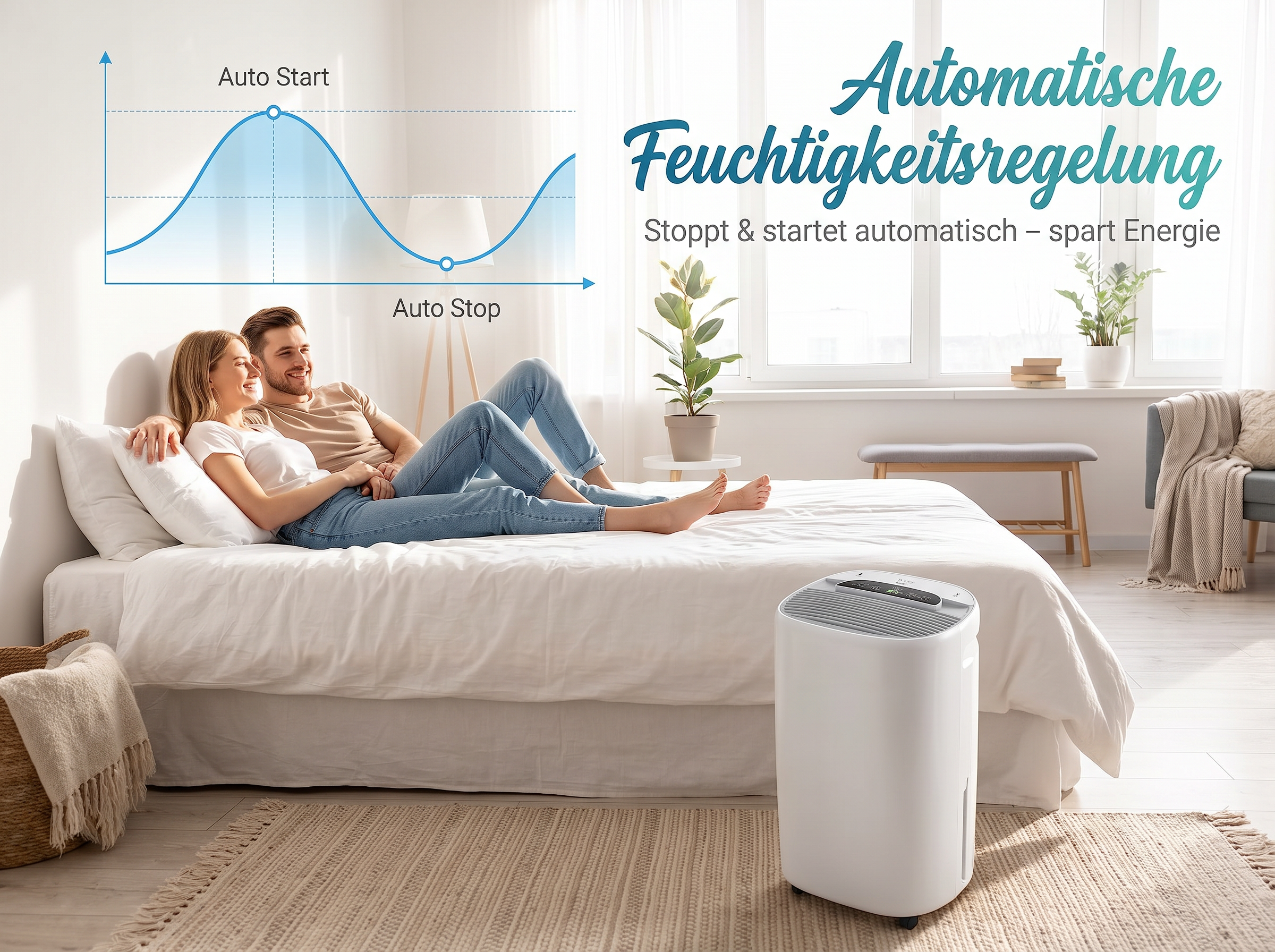 Ein Paar liegt entspannt im Bett in einem hellen Zimmer, während ein weißer Luftentfeuchter auf dem Teppich steht.
