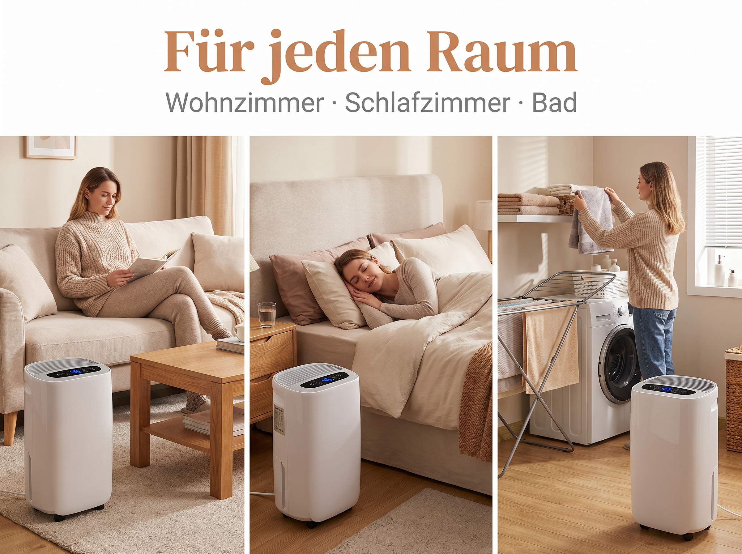 Ein weißer Luftentfeuchter in drei Räumen: Wohnzimmer, Schlafzimmer und Badezimmer mit Person.