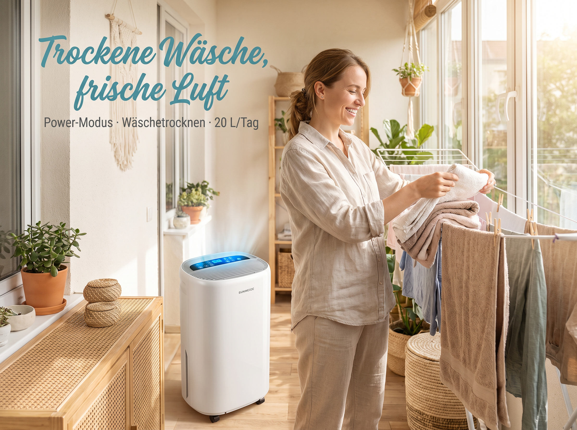 Eine Frau hängt Wäsche an einem Ständer auf, daneben steht ein weißer Luftentfeuchter in einem hellen Raum.