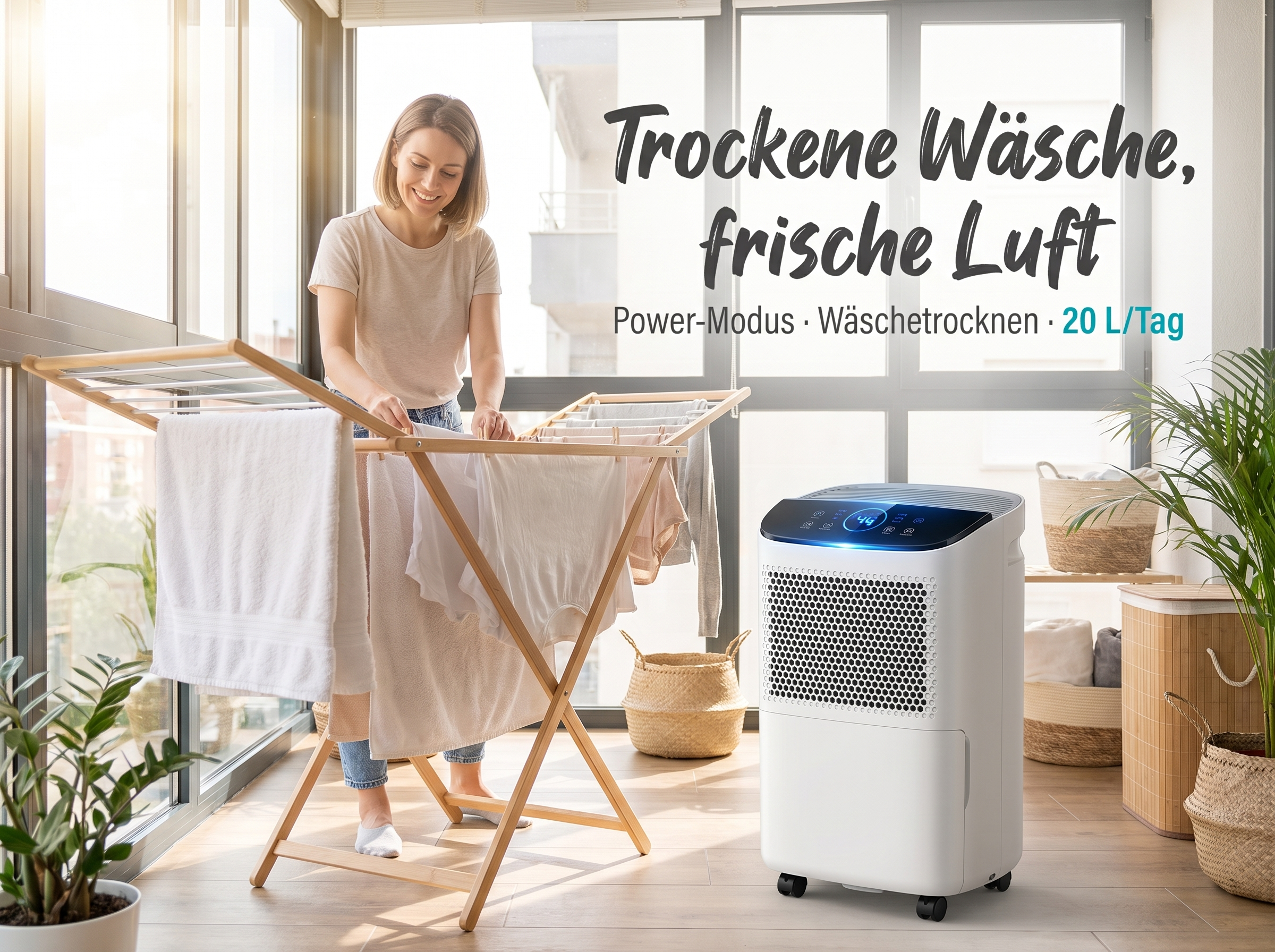 Eine Frau hängt Wäsche an einem Holzständer neben einem weißen Luftentfeuchter auf.