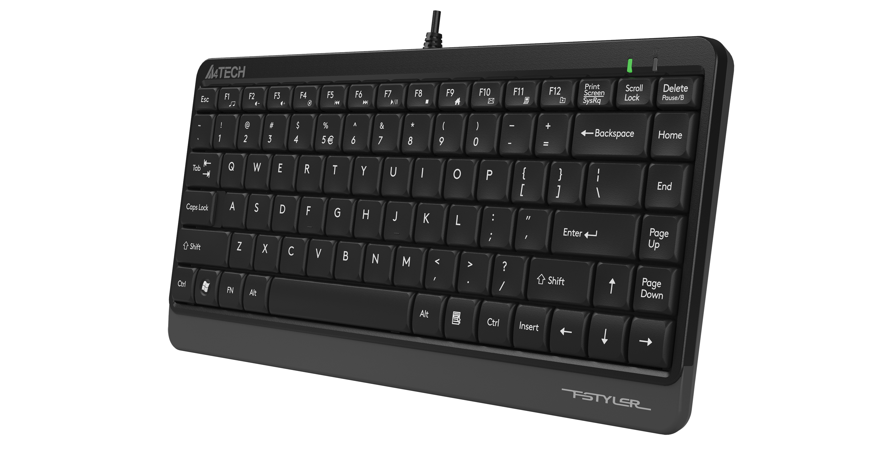 Siyah arka plan üzerinde beyaz harfli siyah bir A4Tech Fstyler bilgisayar klavyesi.