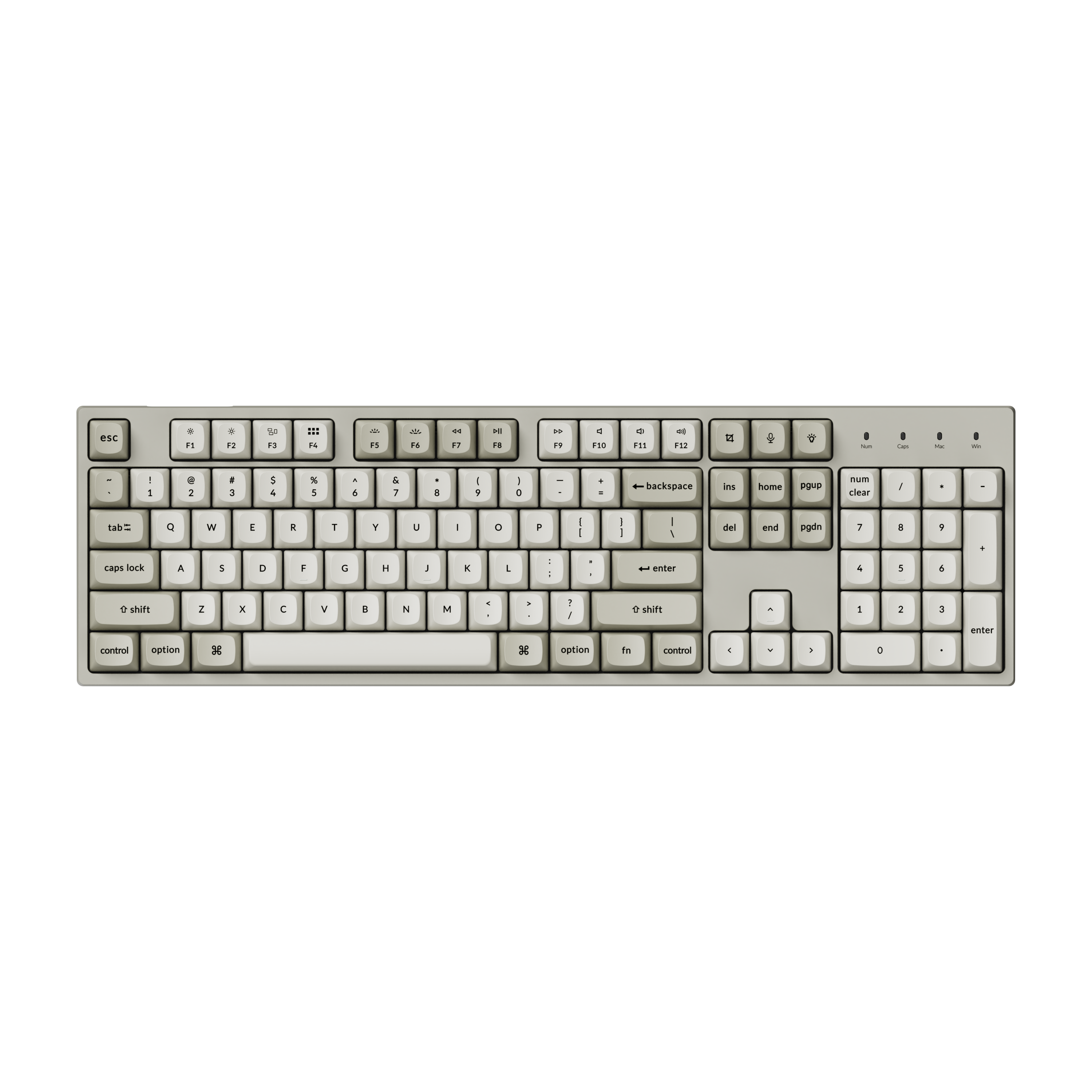 Una tastiera per computer grigia di grandi dimensioni con tastierino numerico su sfondo bianco.