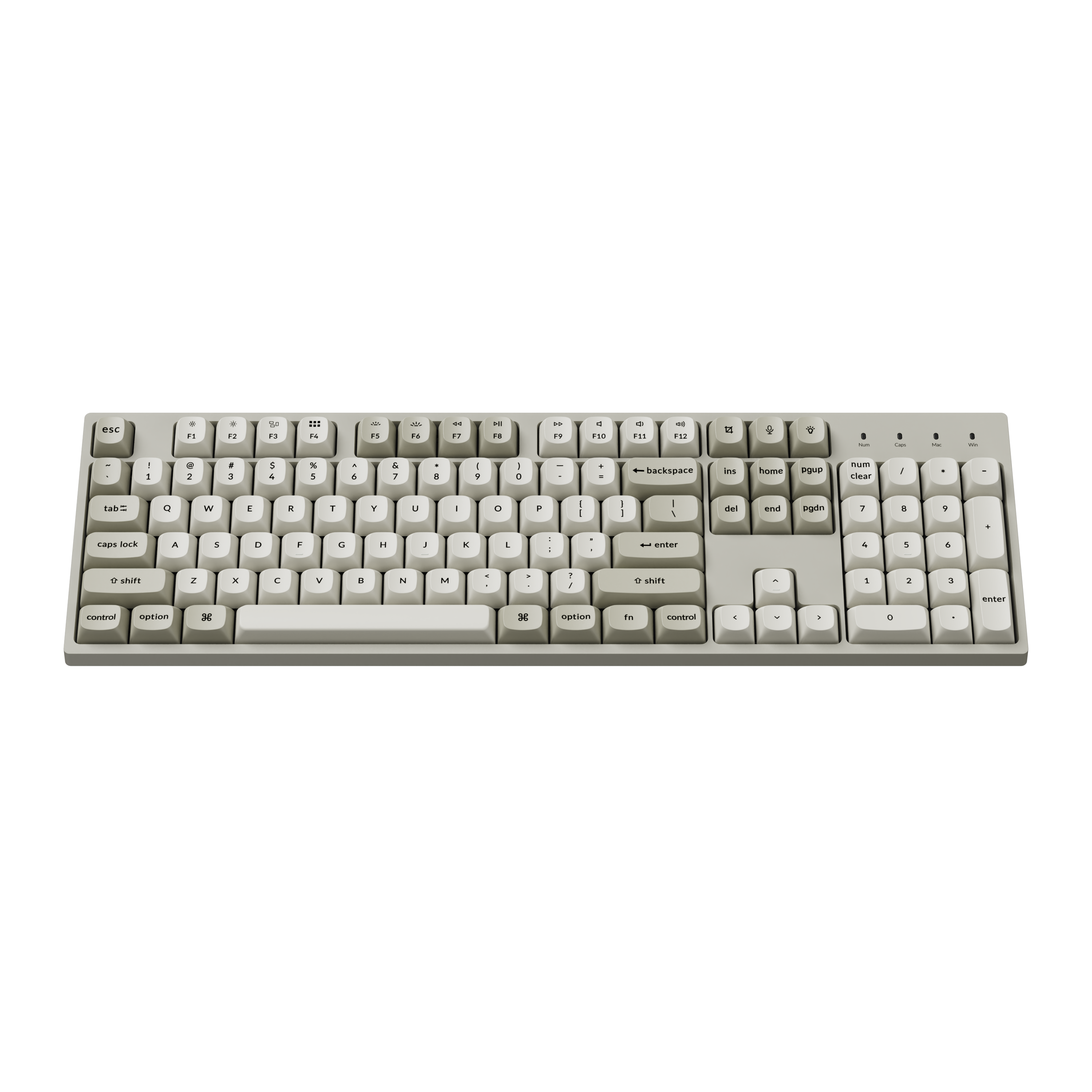 Una tastiera per computer grigia con layout QWERTY inglese e tastierino numerico separato.