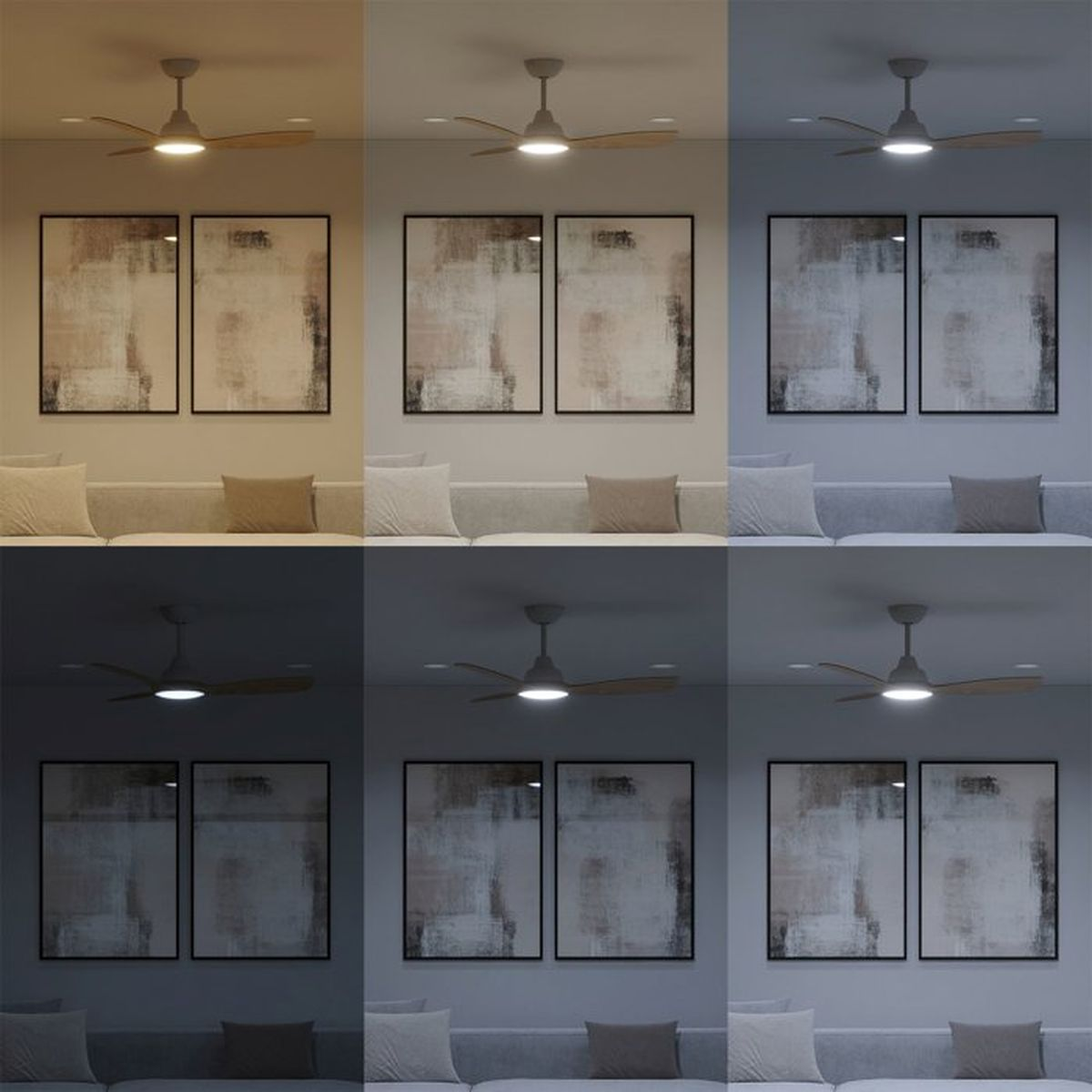 Sechs Bilder zeigen einen Deckenventilator mit verstellbaren Lichtfarben in einem Raum.