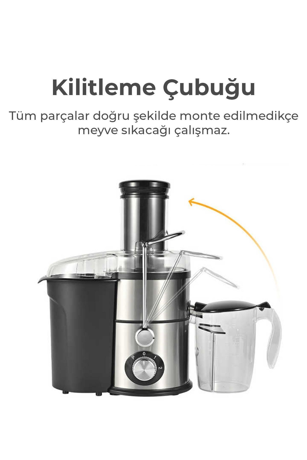 Beyaz arka planda kilitleme çubuğu ve meyve suyu sürahisi olan gümüş ve siyah renkli meyve sıkacağı.