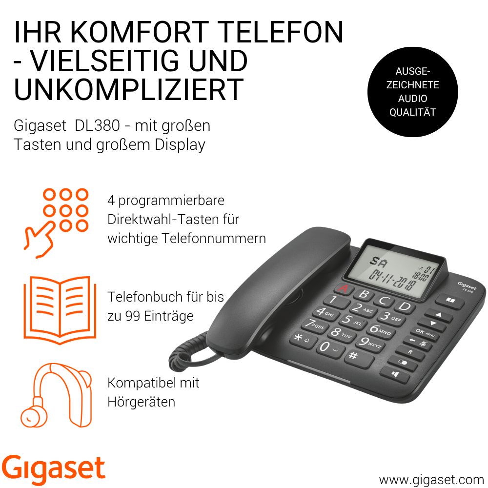 Telefono fisso Gigaset DL380 con tasti grandi, display e funzioni per un uso accessibile.