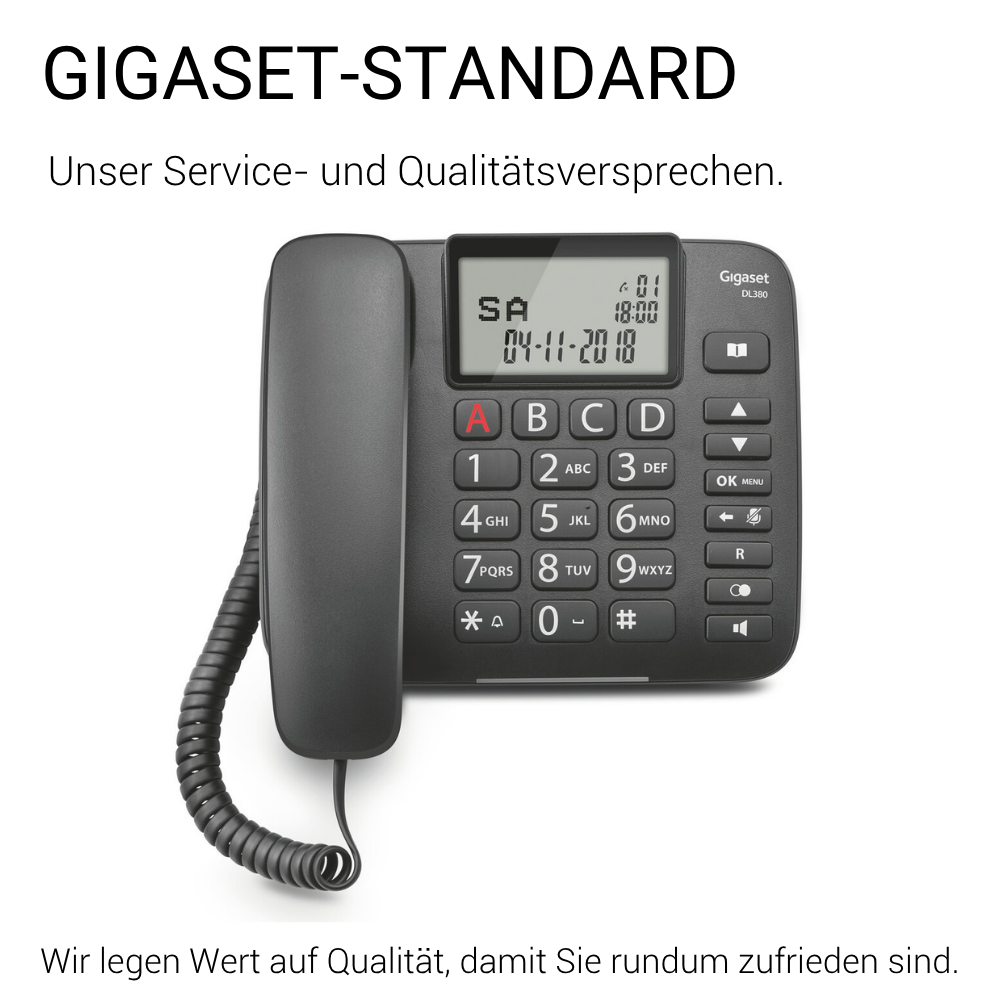 Un telefono fisso Gigaset nero con display grande e pulsanti, collegato a una cornetta.