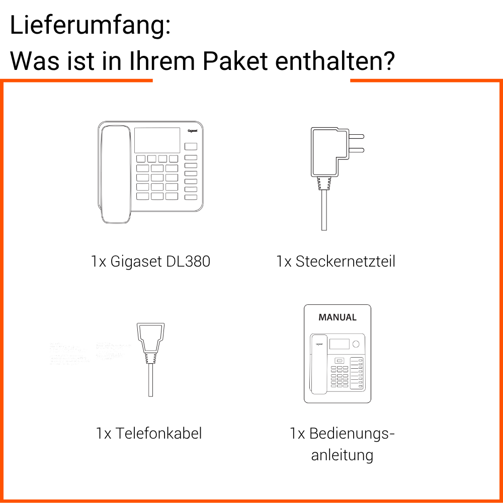 Contenuto della confezione: telefono Gigaset DL380, alimentatore, cavo e manuale.