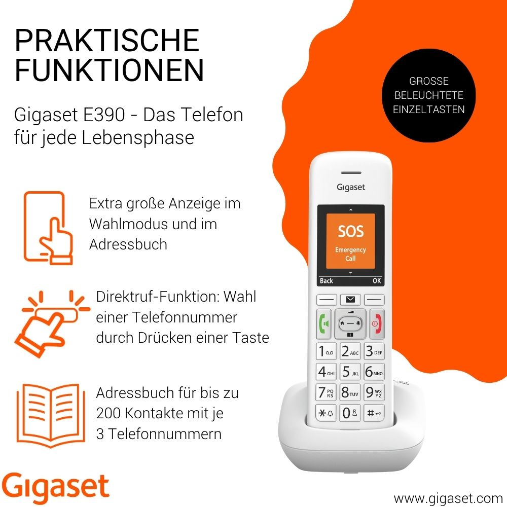 Immagine promozionale del telefono Gigaset E390 con grandi tasti, funzione SOS e testo esplicativo.