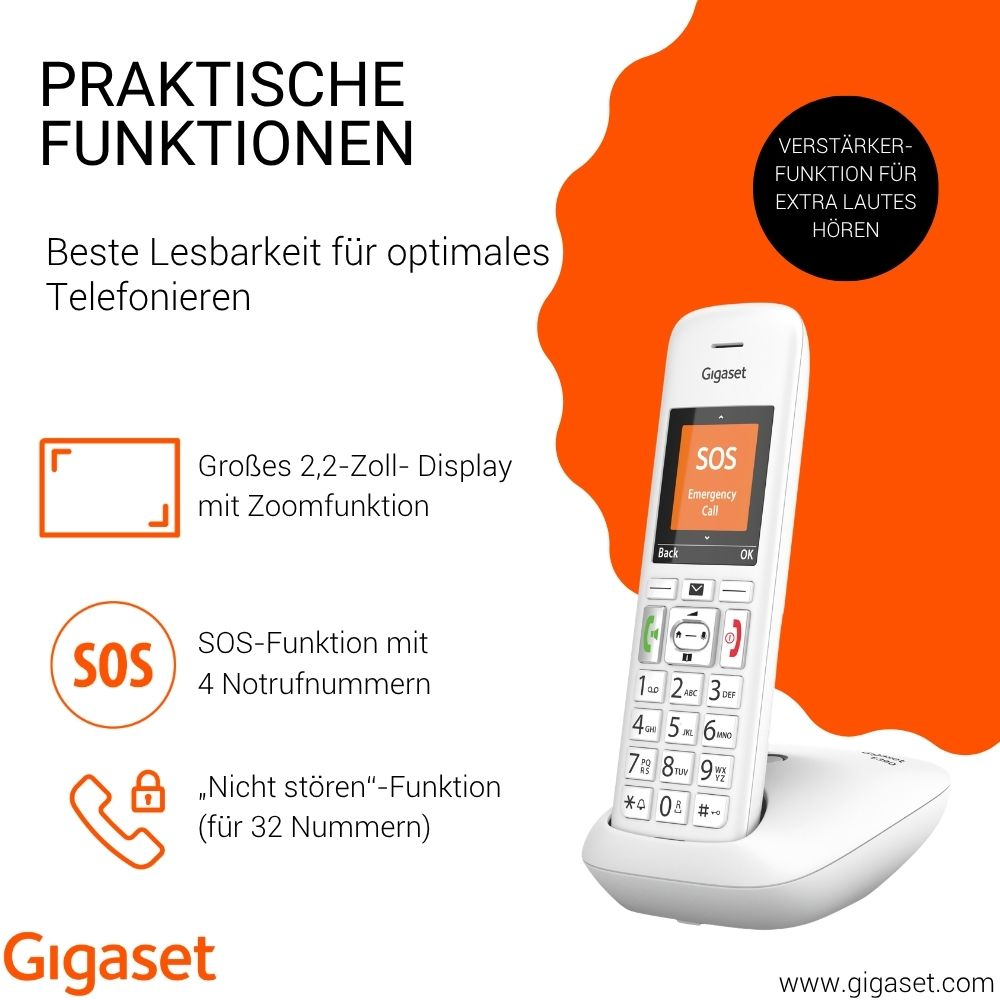 Telefono Gigaset con funzione SOS e display, circondato da testo promozionale tedesco.