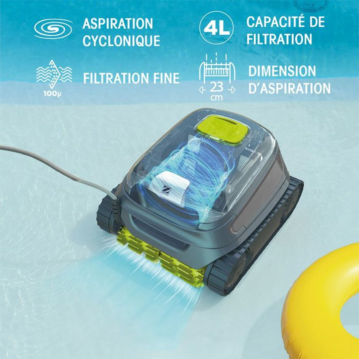Un pulitore per piscina grigio con dettagli verdi sul fondo della piscina, circondato da testo.
