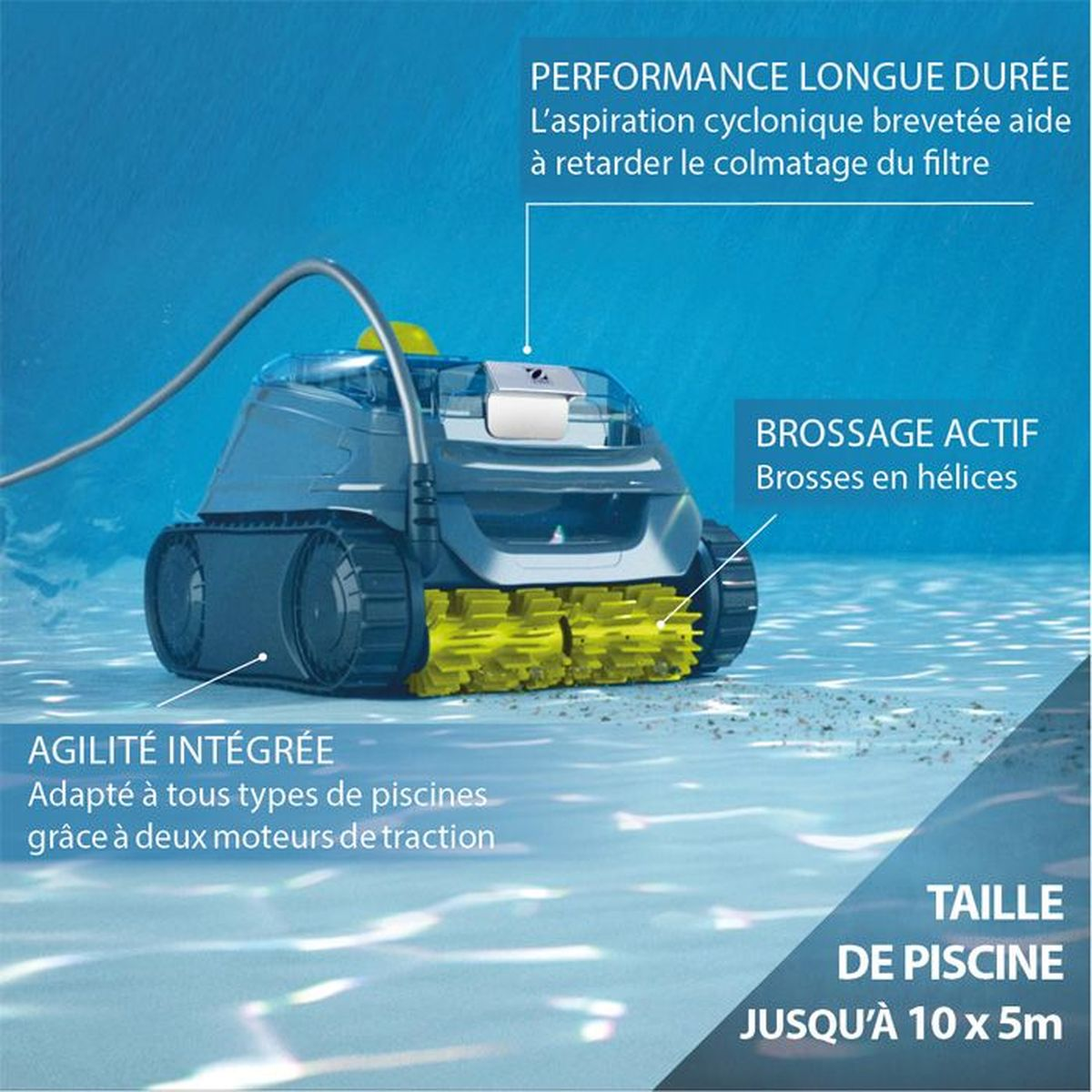 Un robot puliscipiscina blu con spazzole gialle pulisce il fondo della piscina, con testi in francese.