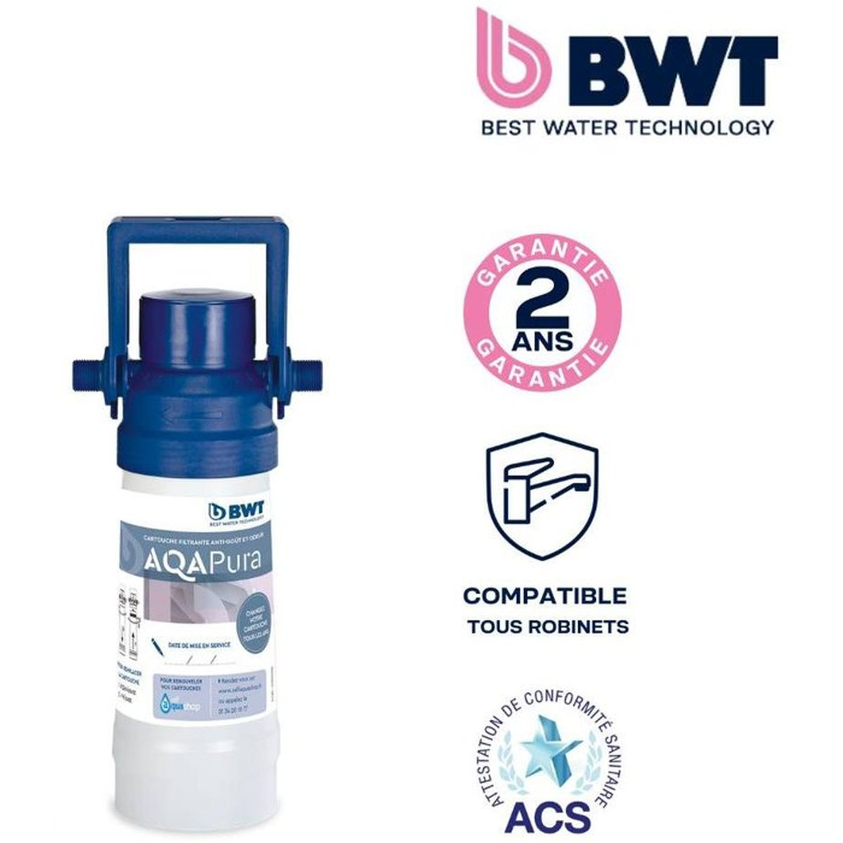 Filtro acqua BWT AQA Pura con raccordi blu, 2 anni di garanzia e certificazione ACS.