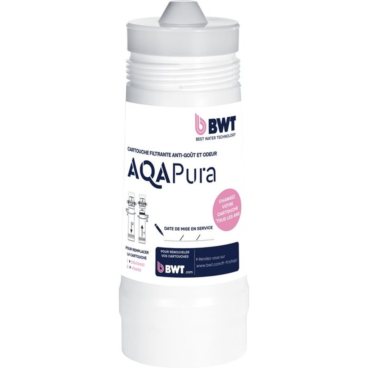 Cartuccia filtro acqua BWT AQA Pura bianca con etichette blu e rosa.