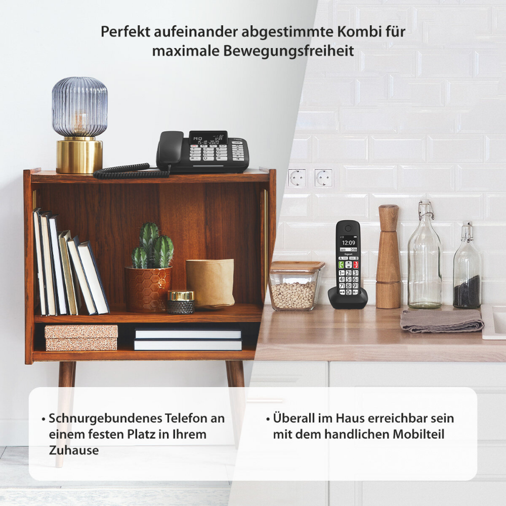 Telefono fisso su mensola in legno e cordless su bancone da cucina.