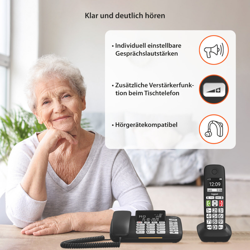 Anziana sorride accanto a due telefoni fissi neri e riquadri di testo con icone.