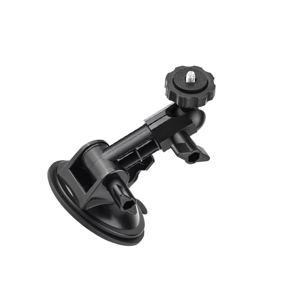 Supporto a ventosa nero per fotocamera con braccio articolato regolabile e vite filettata.