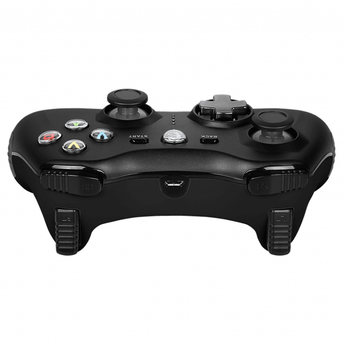 Beyaz arka planda joysticks, aksiyon tuşları ve omuz tuşları olan siyah oyun kumandası.