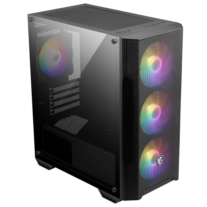 Cam yan panelli ve dört renkli RGB fanlı siyah bilgisayar kasası.
