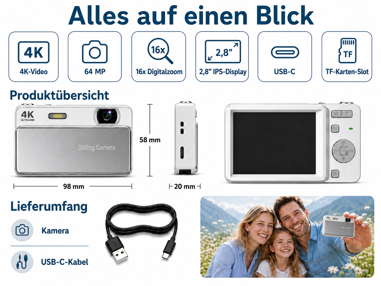 Produktübersicht einer weißen Digitalkamera mit technischen Daten, Maßen, Zubehör und einer glücklichen Familie.