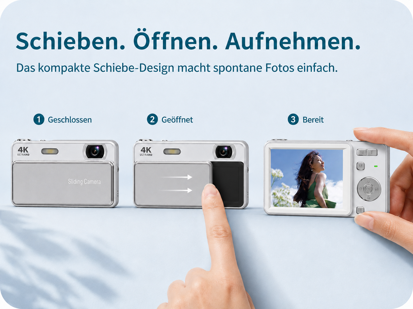 Eine Hand öffnet die Schiebeabdeckung einer kompakten 4K-Kamera in drei Schritten.