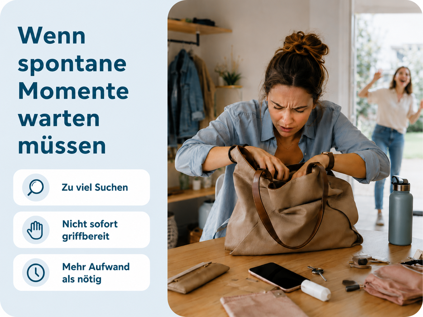 Eine Frau sucht gestresst in ihrer Handtasche, während im Hintergrund eine andere Frau wartet.
