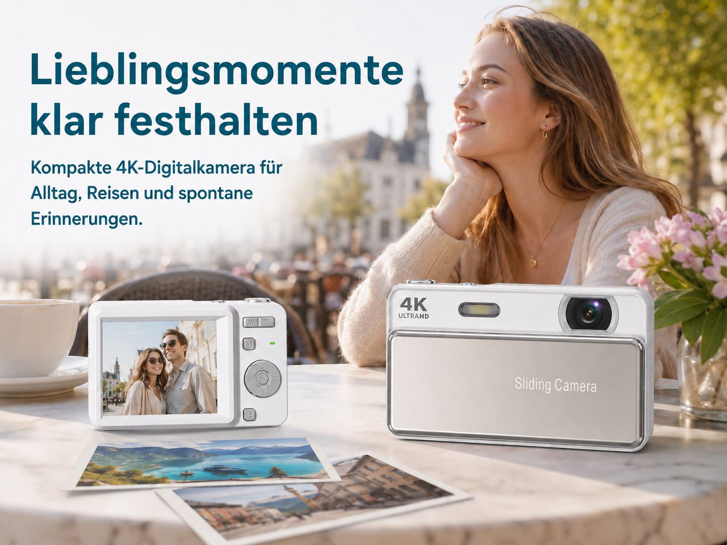 Werbebild für 4K-Digitalkamera mit einer lächelnden Frau, Kameras und Fotos auf einem Tisch in einem Straßencafé.