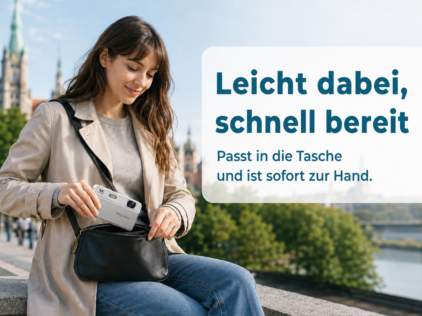 Eine lächelnde Frau verstaut draußen eine Kompaktkamera in ihrer schwarzen Ledertasche, mit Werbetext.