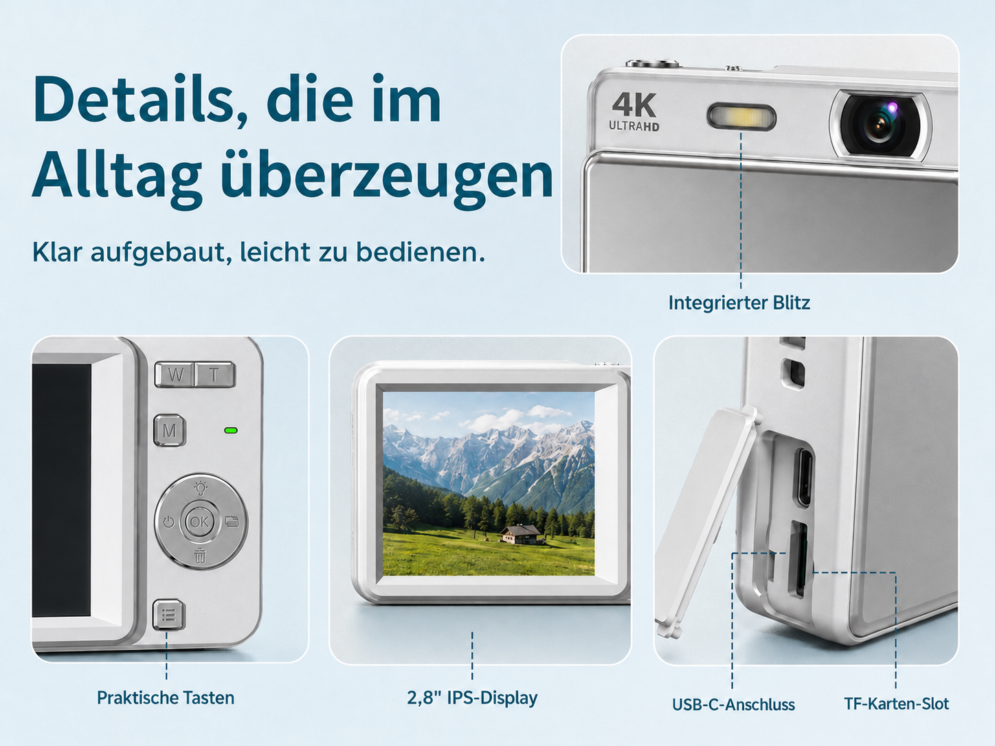 Werbebild einer silbernen Kompaktkamera, mit Details zu Blitz, Tasten, Display und Anschlüssen.