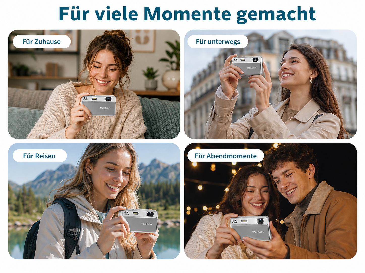Vier Bilder zeigen Menschen mit einer kompakten 4K-Kamera zu Hause, unterwegs, auf Reisen und abends.