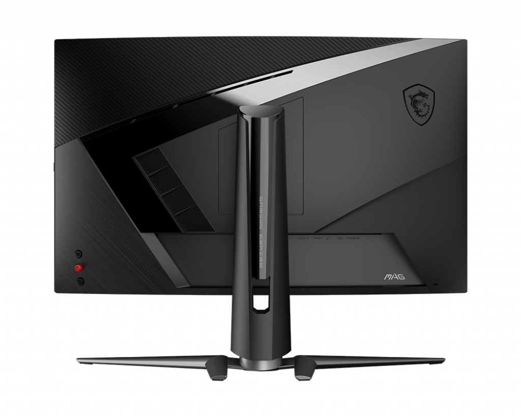 Vista posteriore di un monitor da gioco MSI MAG nero con supporto su sfondo nero.