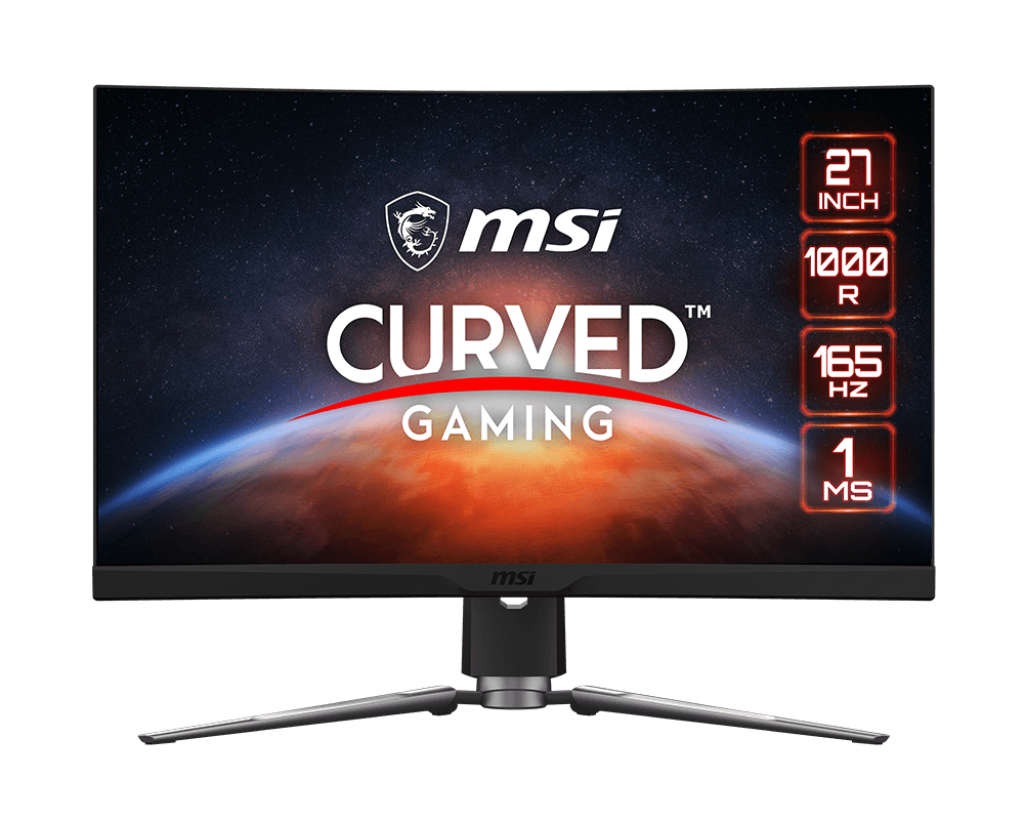 Monitor gaming curvo MSI da 27 pollici con pianeta e sfondo spaziale stellato.