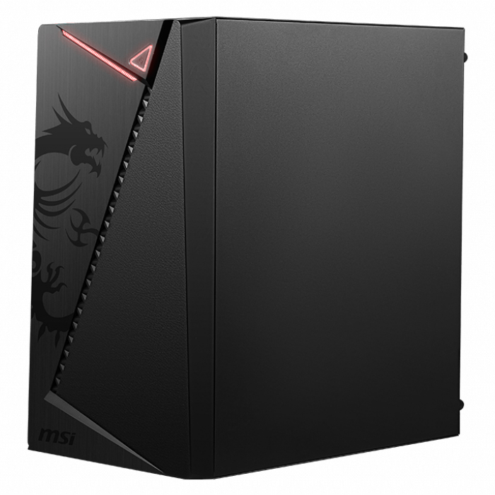 Kırmızı LED aydınlatmalı ve ejderha grafikli siyah MSI oyuncu PC kasası.