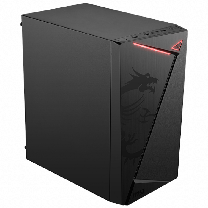 Ön panelinde kırmızı LED aydınlatma bulunan siyah MSI oyun PC kasası.