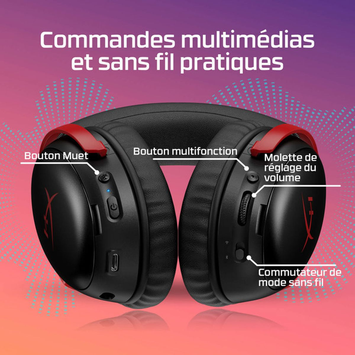 Cuffie da gioco wireless nere e rosse con pulsanti etichettati su sfondo rosa.