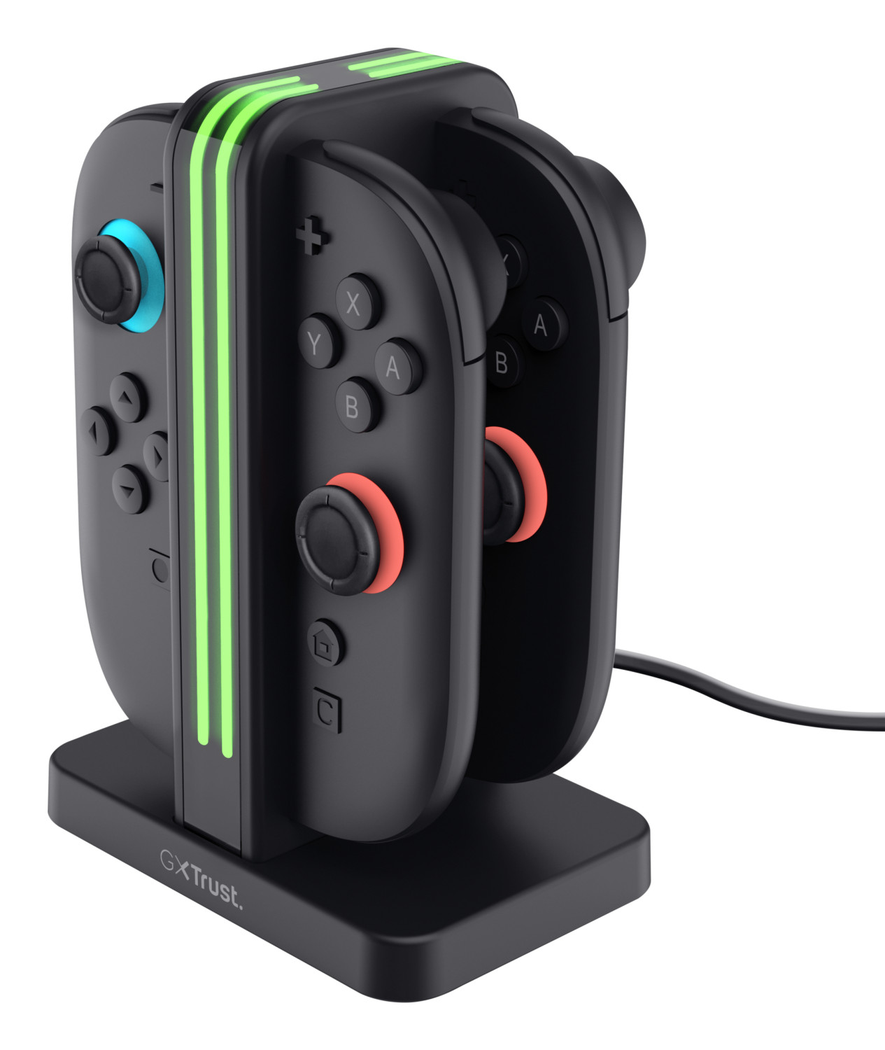 Schwarze Ladestation mit vier Gamecontrollern und grüner Beleuchtung.