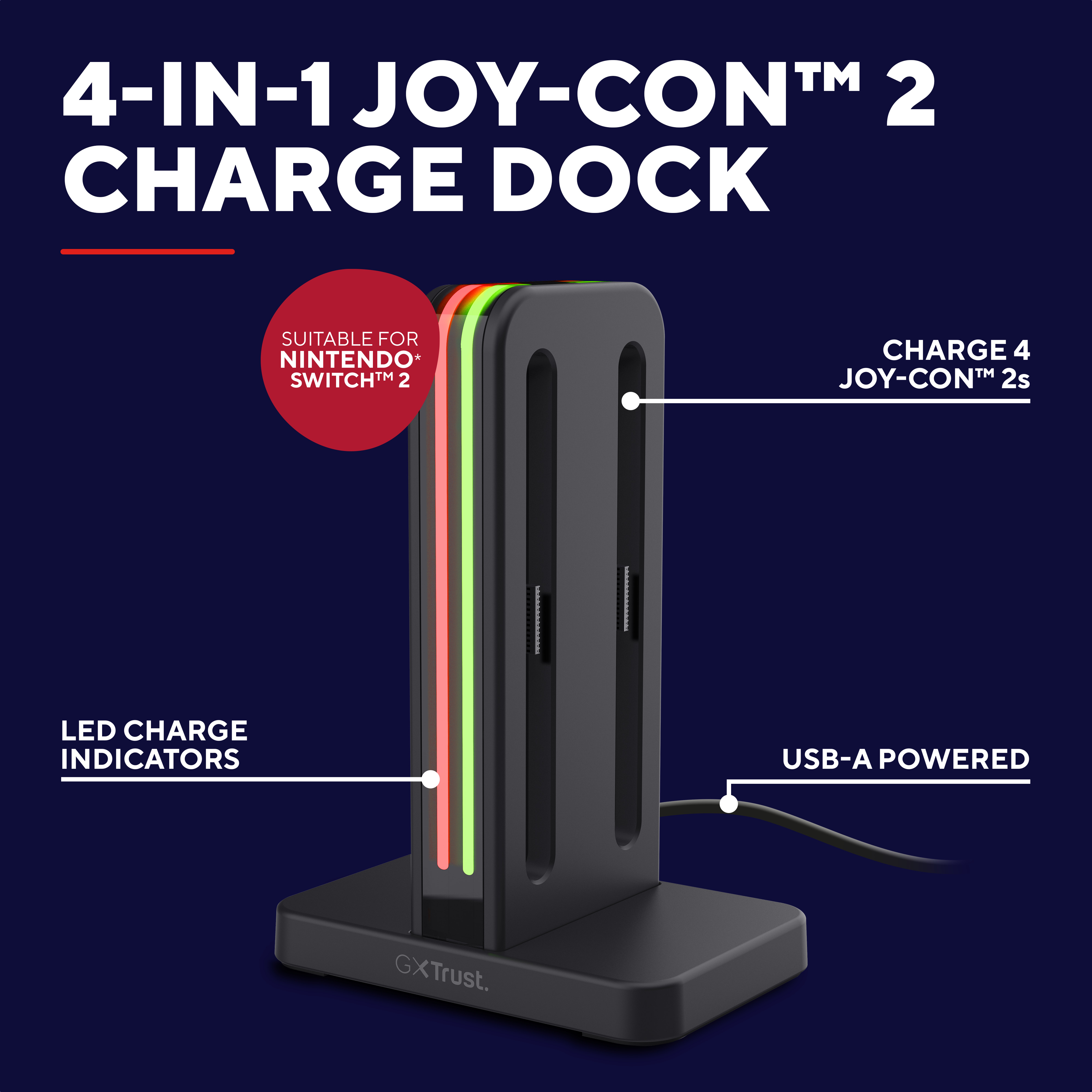 Schwarze Joy-Con Lade-Dockstation mit bunten LED-Anzeigen und Texten zu Funktionen.