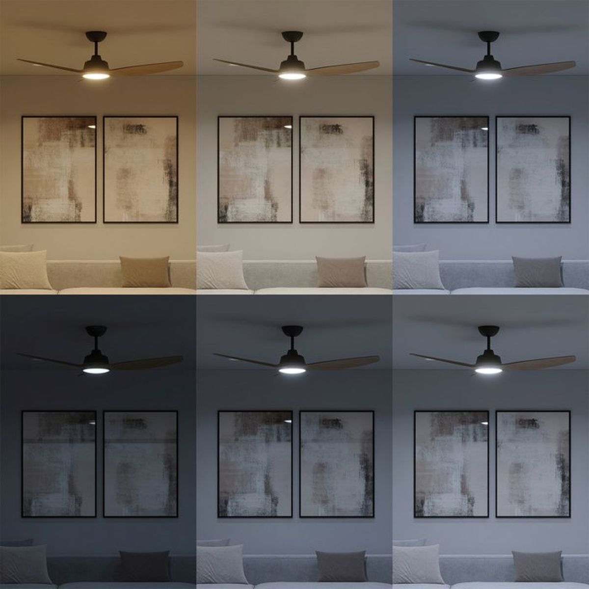 Sechs Bilder eines Zimmers mit Deckenventilator und Beleuchtung in verschiedenen Farbtemperaturen.