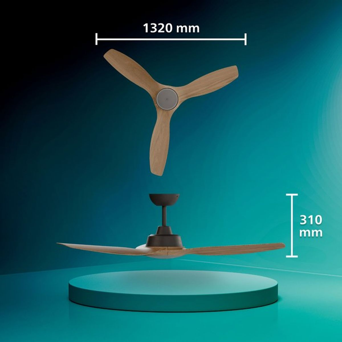 Holzventilator mit Abmessungen von 1320 mm Breite und 310 mm Höhe auf blauem Hintergrund.