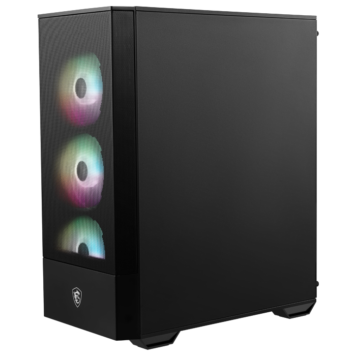 Czarna obudowa komputera z siatkowanym przodem, trzema wentylatorami RGB i logo MSI na białym tle.