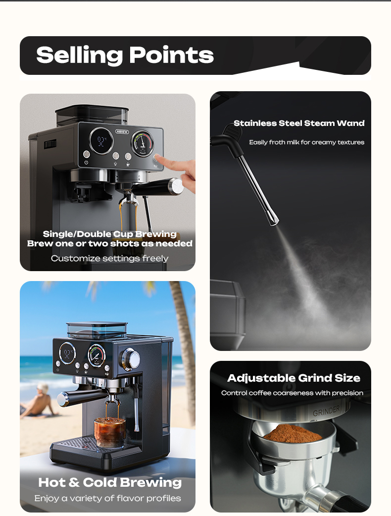 Punti di forza di una macchina da caffè con lancia vapore, opzioni e macinatura.