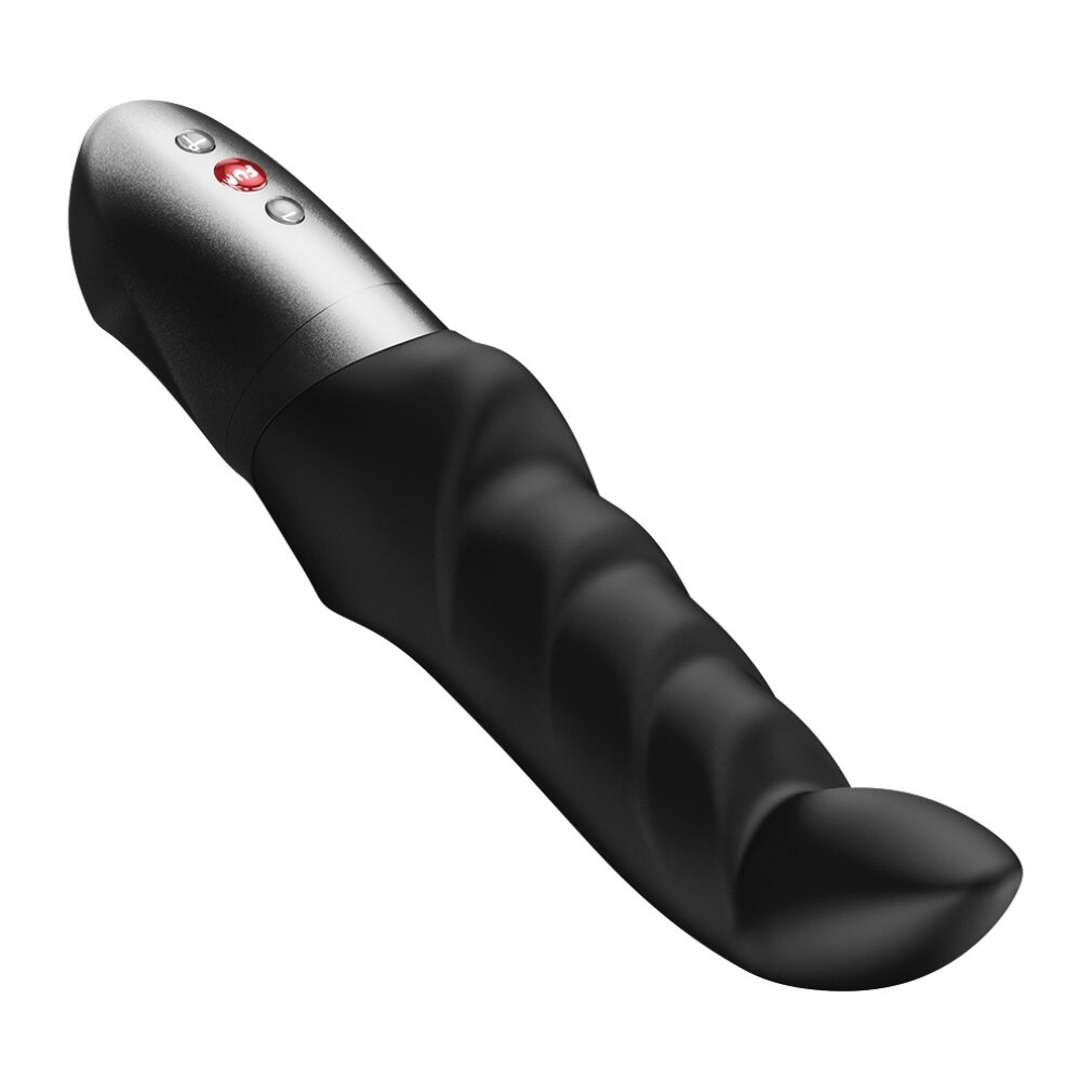 Ein schwarzer, ergonomisch geformter Massagestab mit Konturen und einem Bedienfeld mit roten Knöpfen.