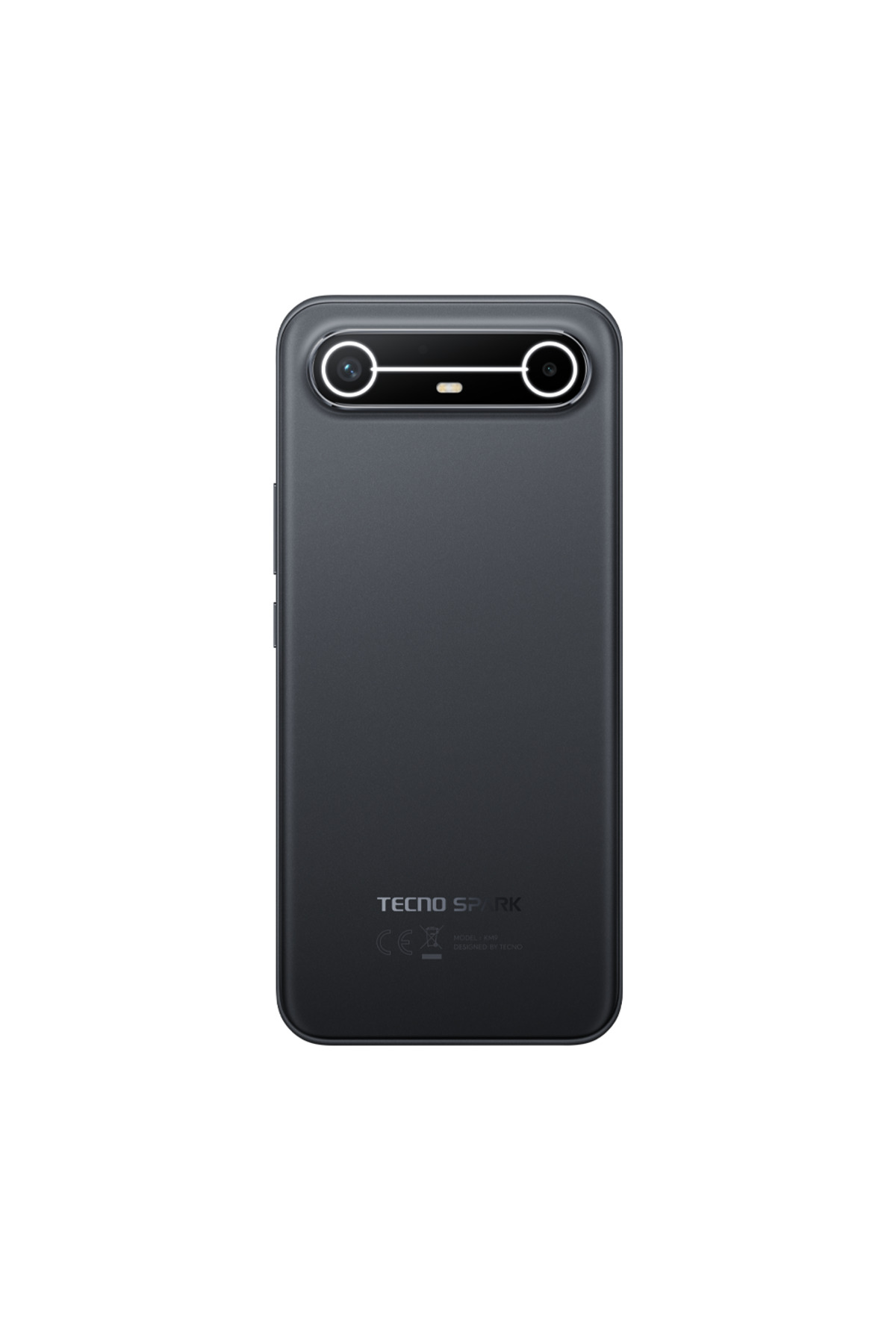 Çift kameralı, LED flaşlı ve marka logolu siyah Tecno Spark akıllı telefonun arka yüzü.
