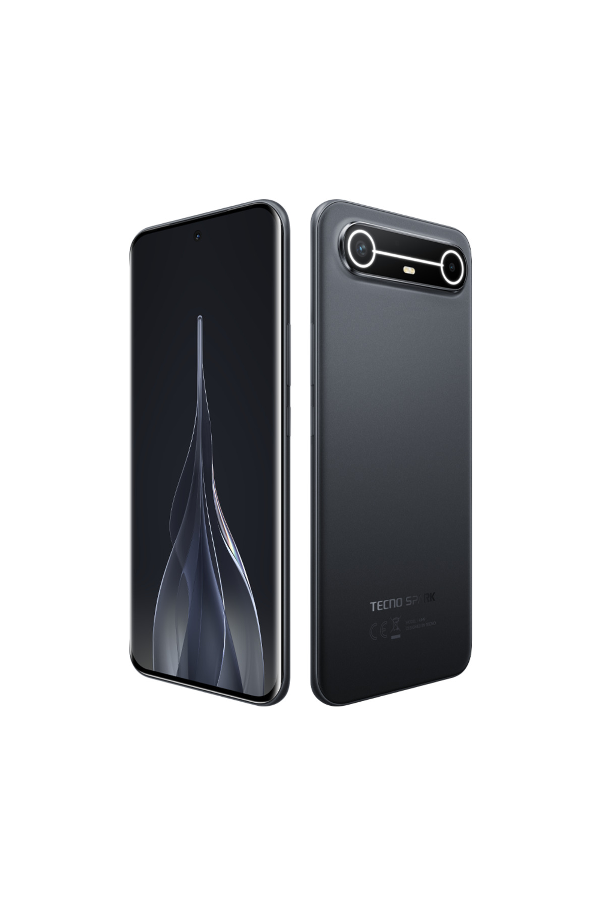 Benzersiz çift kamera tasarımına sahip koyu gri Tecno Spark akıllı telefonun ön ve arka görünümü.